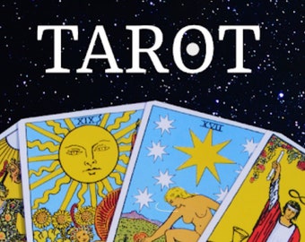 May include: Tarot cards with a black starry background. The cards are the Sun, the Star, and the Magician. The word "TAROT" is written in white letters above the cards.