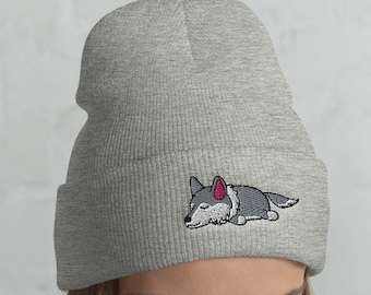 Cuffed Lazy Wolf Beanie, Wolf hat, Wolf lover, Wolf gift, Cute Wolf, Funny Wolf, Wolf winter, kawaii