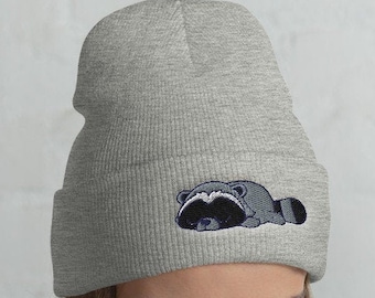 Cuffed Lazy Raccoon Beanie, Raccoon hat, Raccoon lover, Raccoon gift, Cute Raccoon, Funny Raccoon, Raccoon winter, kawaii