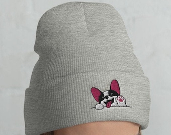 Cuffed Waving Frenchie Beanie, amante de la francés, regalo de francés, frenchie lindo, bulldog francés, frenchie divertido, francés invierno, regalo de Navidad