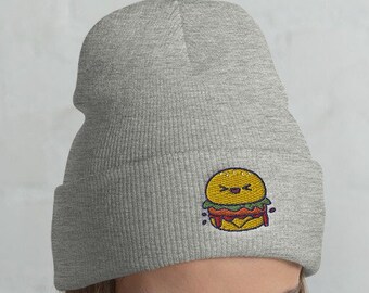 Cuffed Hamburger Beanie, Hamburger hat, Hamburger lover, Hamburger gift, Cute Hamburger, Funny Hamburger, Hamburger winter, kawaii