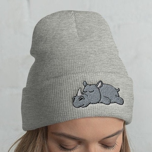 Cuffed Lazy Rhino Beanie, Rhino lover, Rhino gift, Rhino hat, Cute Rhino, Funny Rhino, Rhino winter, christmas gift, kawaii, Rhinoceros