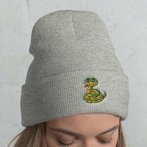 Può includere: Un berretto grigio con un serpente verde ricamato sul davanti. Il serpente ha una lingua gialla e occhi neri.