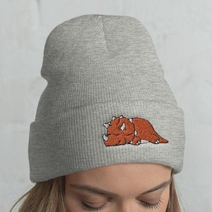 Cuffed Lazy Triceratops Beanie, Dinosaur beanie, Dinosaur lover, Dinosaur gift, Cute Dinosaur, Funny Dinosaur, Dinosaur winter, kawaii
