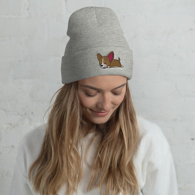 May include: A gray beanie with a cute cartoon dog embroidered on the front. The dog is brown with pink ears and is lying down.