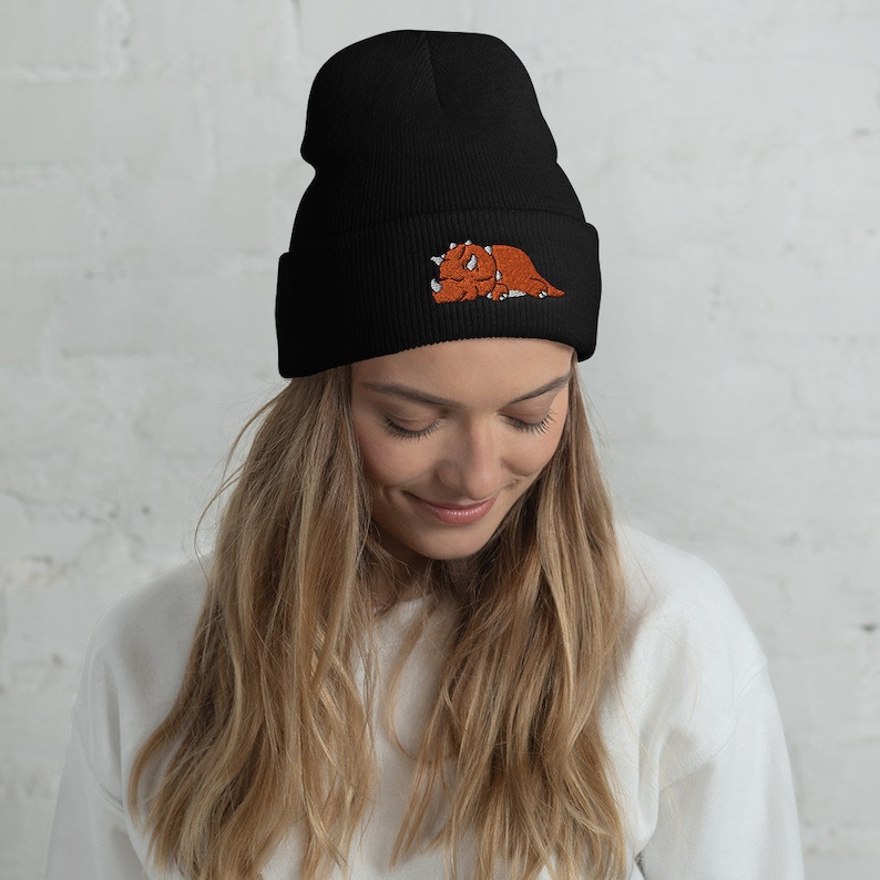 Puede incluir: Gorro negro con un peque&ntilde;o dinosaurio naranja bordado en la parte delantera.