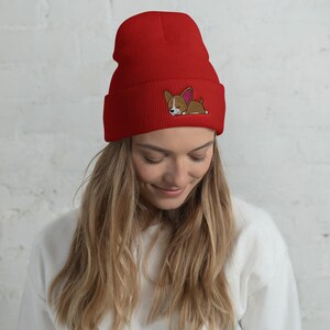 May include: A red beanie with a small embroidered cartoon dog on the front. The dog is brown with white markings and has pink ears.