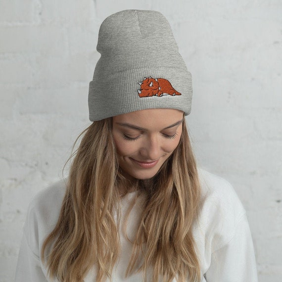 Cuffed Lazy Triceratops Beanie, Dinosaur beanie, Dinosaur lover, Dinosaur gift, Cute Dinosaur, Funny Dinosaur, Dinosaur winter, kawaii