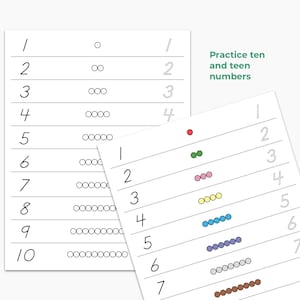 May include: A worksheet for practicing writing numbers 1 through 10. The worksheet has two sections. The first section has a column of numbers and a column of circles to count. The second section has a column of numbers and a column of colored dots to count. The worksheet has the text "Practice ten and teen numbers".