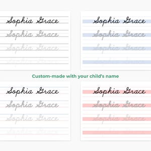 May include: Four printable worksheets for handwriting practice. Each worksheet features the name "Sophia Grace" written in cursive at the top and includes several lines for practicing writing the name. The worksheets have different colored backgrounds: white, light blue, pink, and gray.