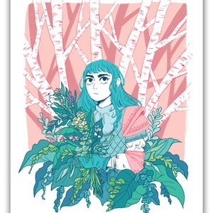 Impresión artística floral original de una mujer caballero con armadura completa en un jardín floral, decoración de pared, papel de cartulina de algodón, ENVÍO GRATIS