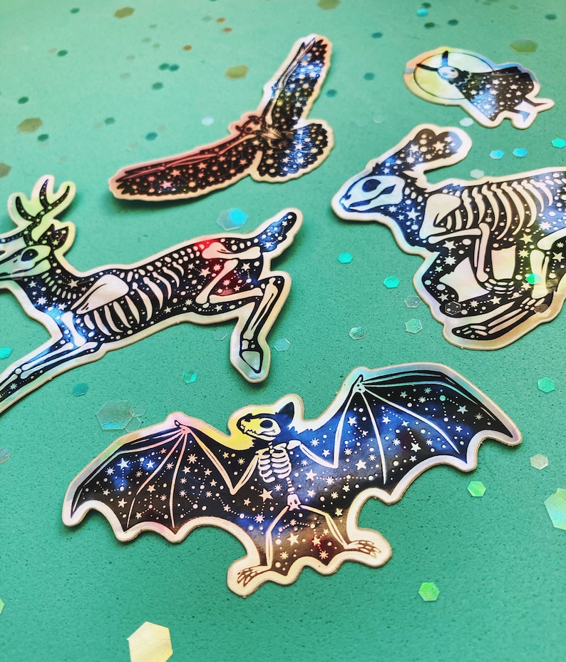 Celestial Creatures Holographic Animal Skeleton Sticker Pack Bat Only - Small 3"