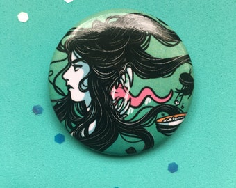 Monster Woman Yokai Button, 1.5 inch Button Pin, Japanese Monster Illustration, Two Mouth Woman, Futakuchi Onna Illustration