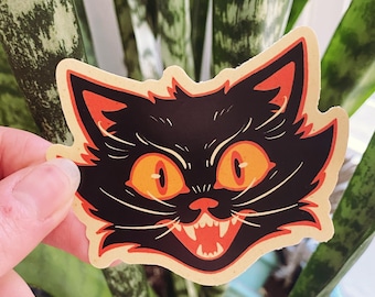 Vintage Style Spooky Cat, Waterproof, Dishwasher Safe, 3" Durable Sticker