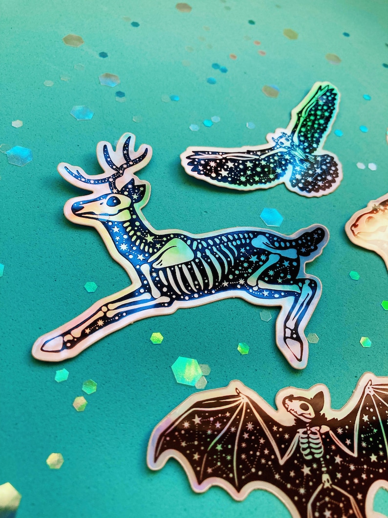 Celestial Creatures Holographic Animal Skeleton Sticker Pack Deer Only - Large 4”