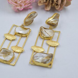 Rectangular Mother of Pearl Earring in Brass Handmade Jewelry, Gold Plated Stud Earrings, Indian Jewellery, MOP Stone, Wedding Gift