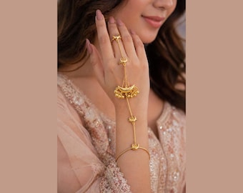 Half Moon Design Hathphool Gold Plated Hand Chain Bracelet, Wedding Wear, Handmade Jewelry
