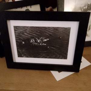 Puede incluir: Una fotografía en blanco y negro de un naufragio en el agua. El barco está parcialmente sumergido y el agua está agitada. La foto está enmarcada en un marco negro con un passe-partout blanco.
