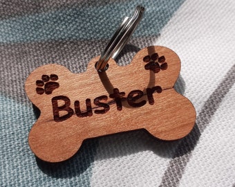 Personalised Wooden Bone Pet ID Tag: Engraved Cherry Wood