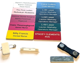 Personalised Engraved Name Badge: Acrylic, Custom Fittings (60 mm x 25 mm)