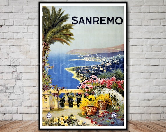 Sanremo Italy Travel Poster, Retro Mediterranean Print (Instant Download)
