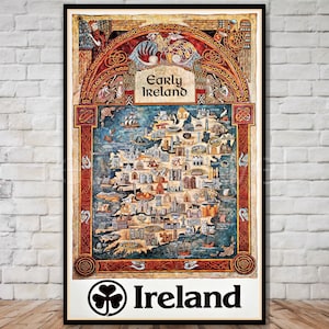 Cartel de viaje de Irlanda, mapa de Irlanda temprano, descarga instantánea, impresión digital de viaje retro, póster imprimible, arte de pared, impresión de mapa de Irlanda
