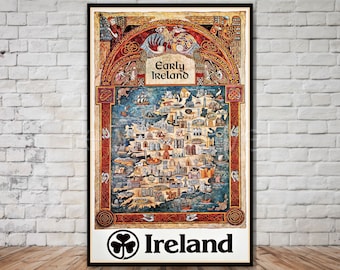 Póster de viaje de Irlanda, mapa antiguo de Irlanda, arte mural retro (descarga digital)
