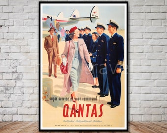 Qantas Airlines, Australian Travel Poster, INSTANT DOWNLOAD, 1950s airline travel poster, retro travel digital print, australia wall art