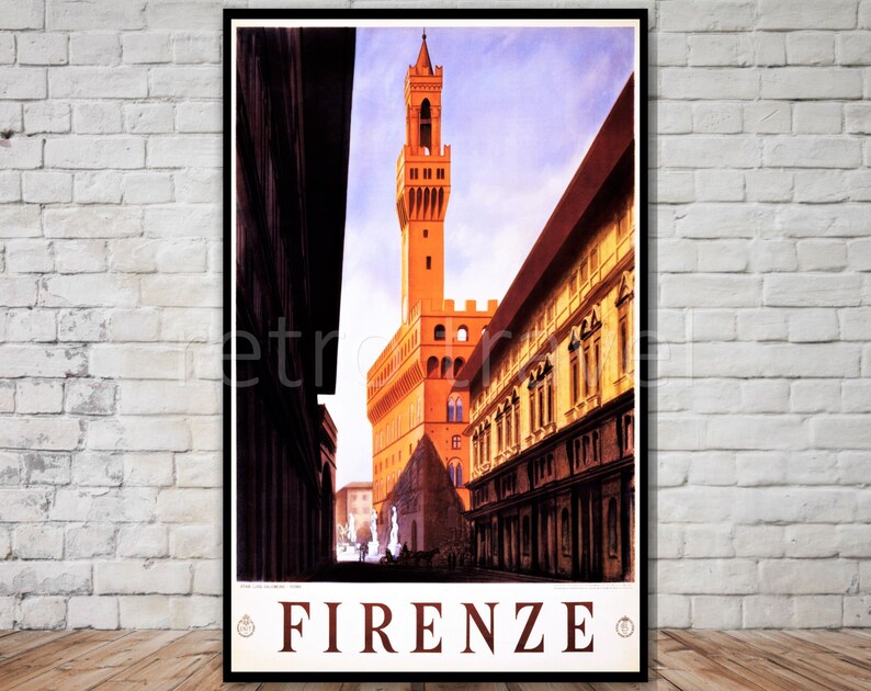 K&ouml;nnte beinhalten: Vintage-Reiseposter mit Blick auf den Palazzo Vecchio in Florenz, Italien. Das Poster ist im Retro-Stil gehalten mit einer farbenfrohen Illustration des Geb&auml;udes und dem Text "FIRENZE" unten.
