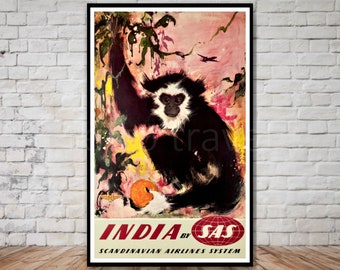 India Travel Poster, Scandinavian Airlines, INSTANT DOWNLOAD, vintage india poster download, gibbon monkey poster, retro travel print