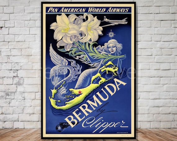 Bermuda Travel Poster, Mermaid Printable Wall Art, INSTANT