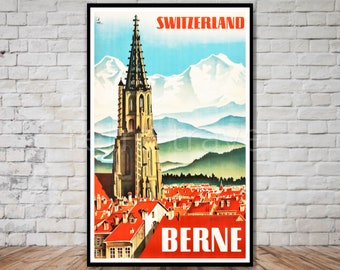 Berne Switzerland Retro Travel Poster, Vintage Wall Art (Digital Print)