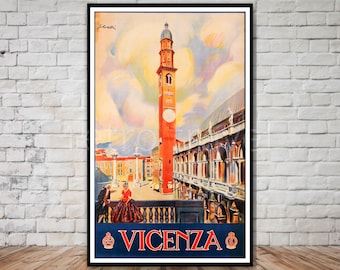 Vicenza Italy Travel Poster, Retro Clocktower Print (Digital Download)