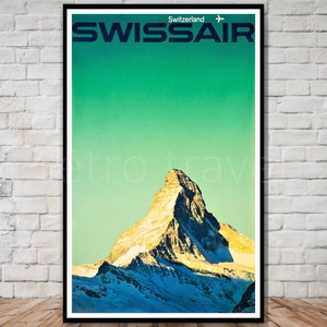 SwissAir Travel Poster, INSTANT DOWNLOAD, The Matterhorn mountain, swiss alps, retro travel digital print, vintage printable poster