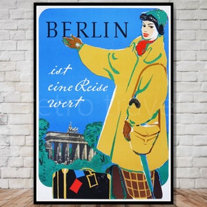 Cartel de viaje de Berlín, descarga instantánea, descarga de cartel de viaje de Alemania vintage, impresión de cartel de mujer de moda, arte de viaje de mediados de siglo