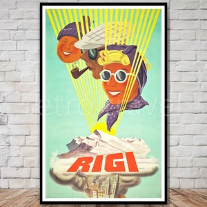 May include: A vintage travel poster advertising the Rigi mountain in Switzerland. The poster features three people wearing sunglasses and hats, with a mountain peak and the word "Rigi" in red letters.