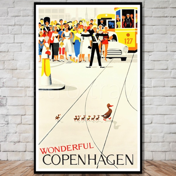 Copenhagen Travel Poster, INSTANT DOWNLOAD, retro travel digital print, printable poster, wall art, copenhagen denmark, duck family