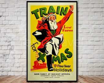 Póster vintage del tren de Papá Noel, arte de viajes por Nueva Zelanda (descarga instantánea)