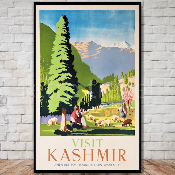 Visit Kashmir Poster, vintage travel poster, INSTANT DOWNLOAD, kashmir tourism poster, cattle grazing, retro travel print, 11x17, 12x18