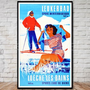 Póster de viaje de Leukerbad, póster de viaje de Valais, Suiza, DESCARGA INSTANTÁNEA, póster de esquí vintage, aguas termales suizas, decoración de deportes de invierno