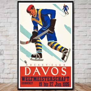 Davos Switzerland Travel Poster, Davos Hockey Club, INSTANT DOWNLOAD, vintage hockey poster, 1930s hockey print, retro travel digital print