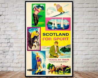 Scotland Travel Poster, vintage sports poster, INSTANT DOWNLOAD, british railways poster download, golf, sailing, water skiing, fishing