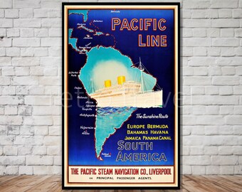 South America Travel Poster, Pacific Line Ocean Liner (Instant Download)