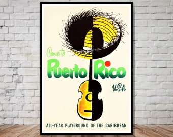 Puerto Rico Vintage Travel Poster, Guitar Art Print (Digital Download)