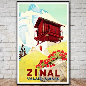 Switzerland Travel Poster, Zinal Valais, Swiss Alps Print, INSTANT DOWNLOAD, swiss travel poster download, retro travel digital print