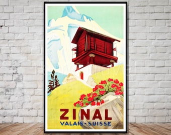 Zinal Valais Swiss Alps Travel Poster, Retro Art Print (Instant Download)