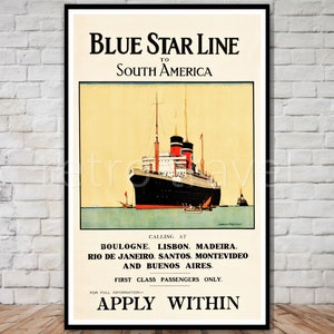 Blue Star Line Poster, Ocean Liner to South America, INSTANT DOWNLOAD, printable travel poster download, retro travel digital print