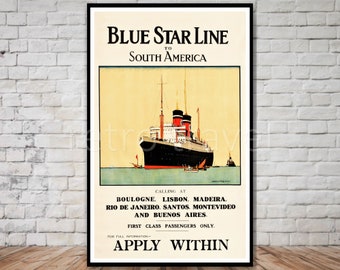 Blue Star Line South America Travel Poster (Printable Digital Download)