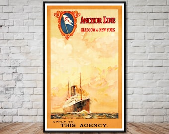 Anchor Line, Glasgow & Nueva York, Steamship Travel Poster, DESCARGA INSTANTÁNEA, impresión digital de viajes retro, arte de pared de transatlántico vintage