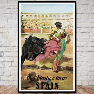 Spain Travel Poster, Fiesta de Torors, INSTANT DOWNLOAD, bullfighting festival, matador, printable poster download, vintage bull art print